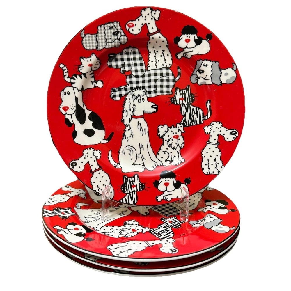 Living Quarters Whimsical Dogs Cats 8" Porcelain Plates Red Black Set 4 Pet Love
